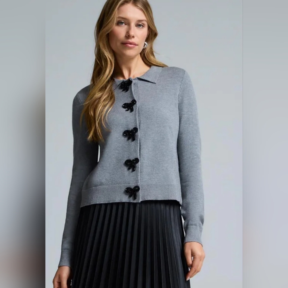 Suzy Shier XXL Plus Gray Cardigan with Black Bow Details
